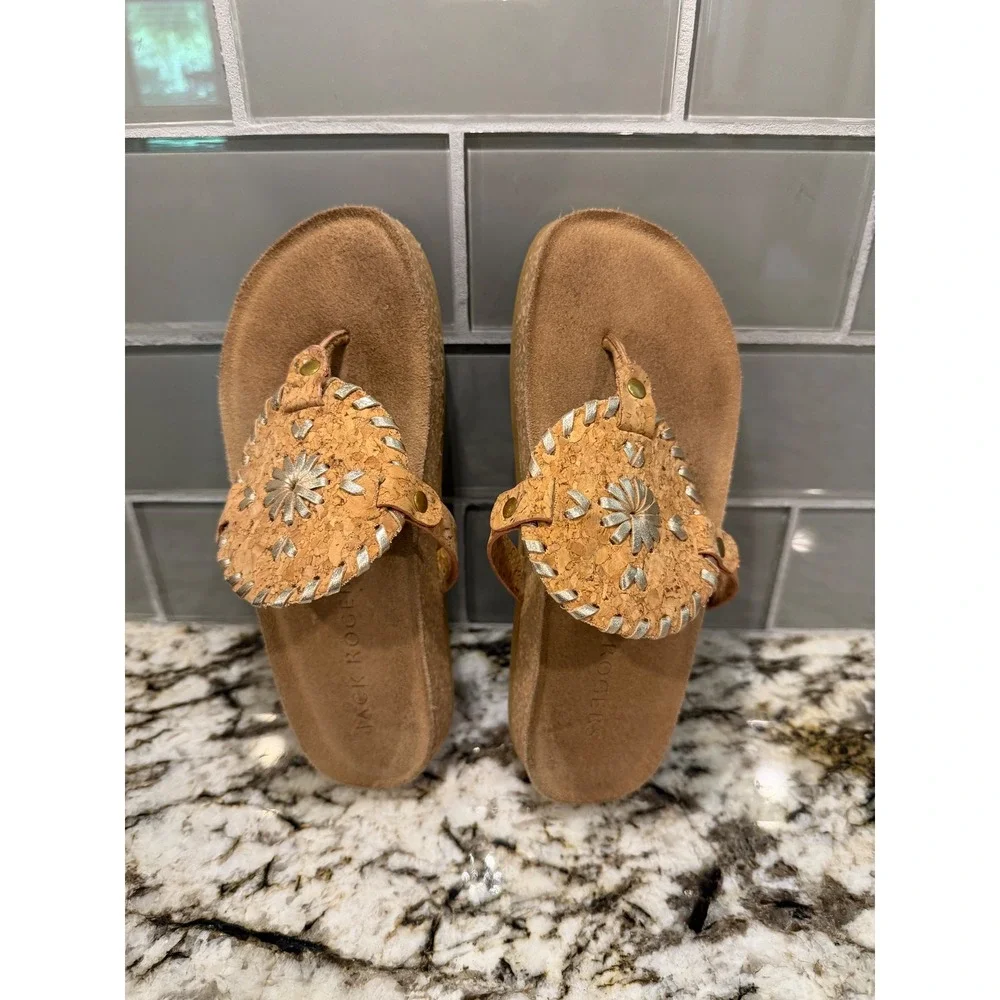 Jack Rogers Youth Girls Cork Silver Whipstitch Jacks Flat Sandals Size 2